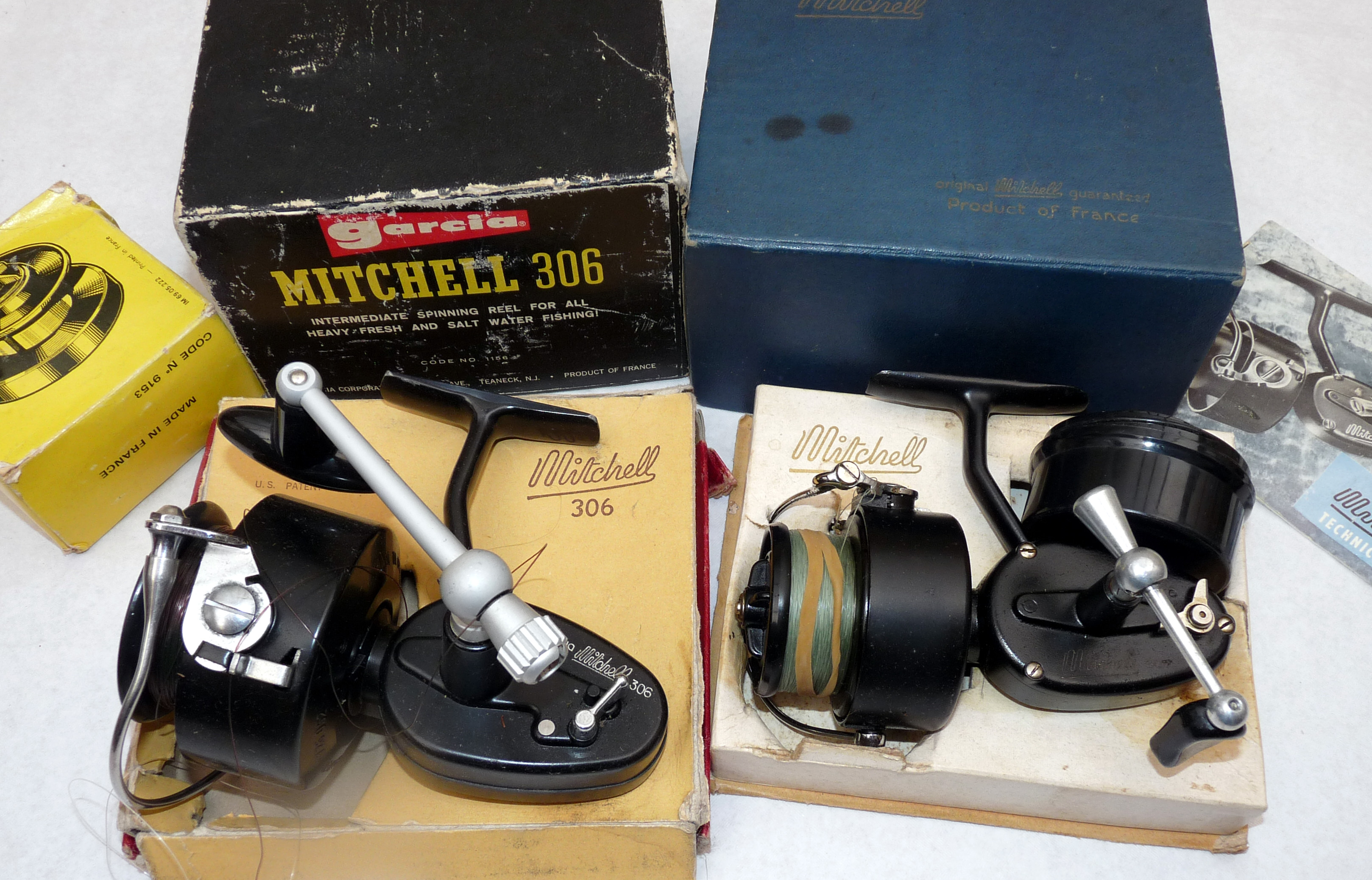 REELS (2): Early French Mitchell spinning reel, full bail, spring fold handle, V check lever, c/w