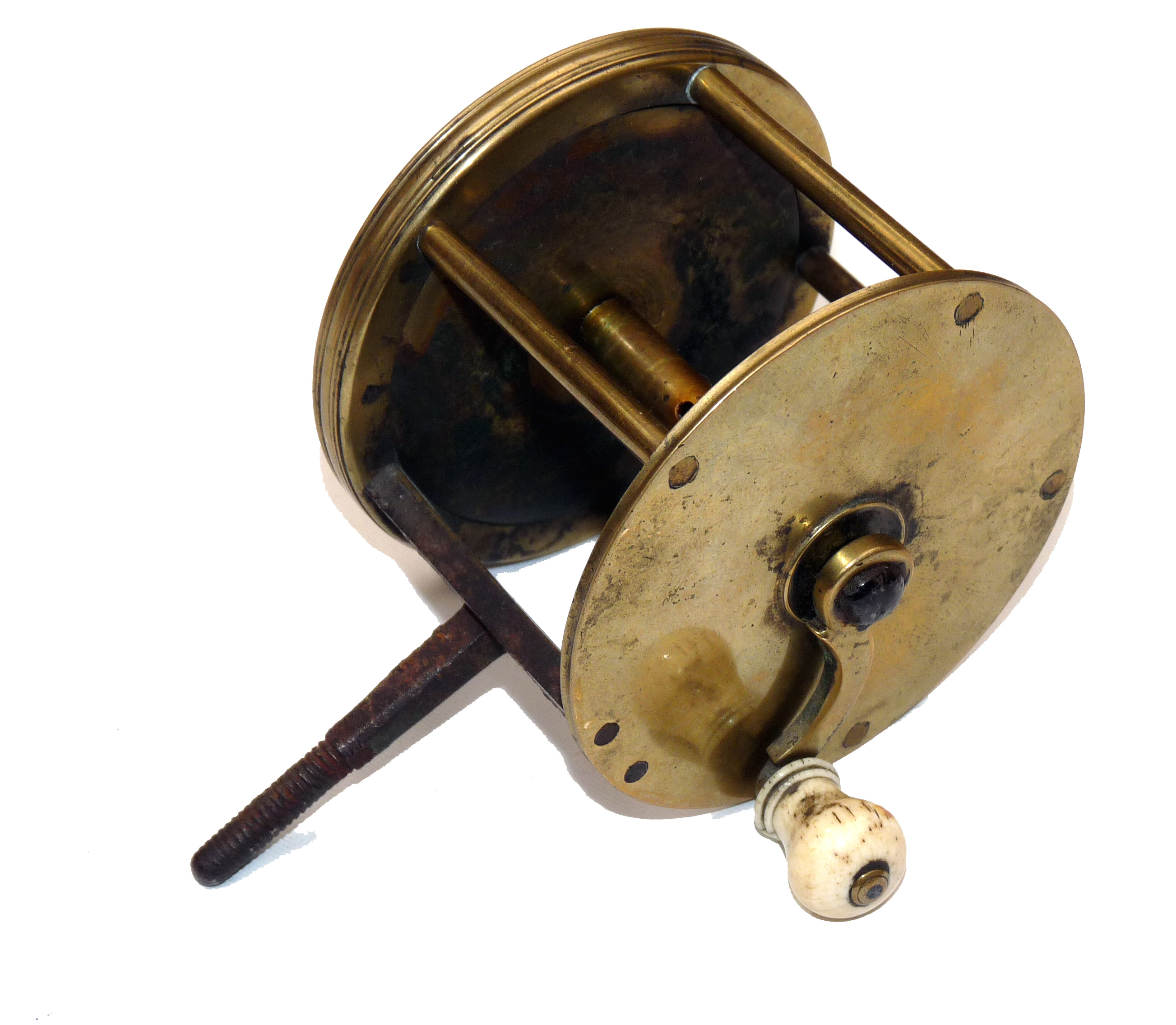 REEL: Early brass spike fitting winch with curved crank winding arm, turned ivory knob, 2.75”