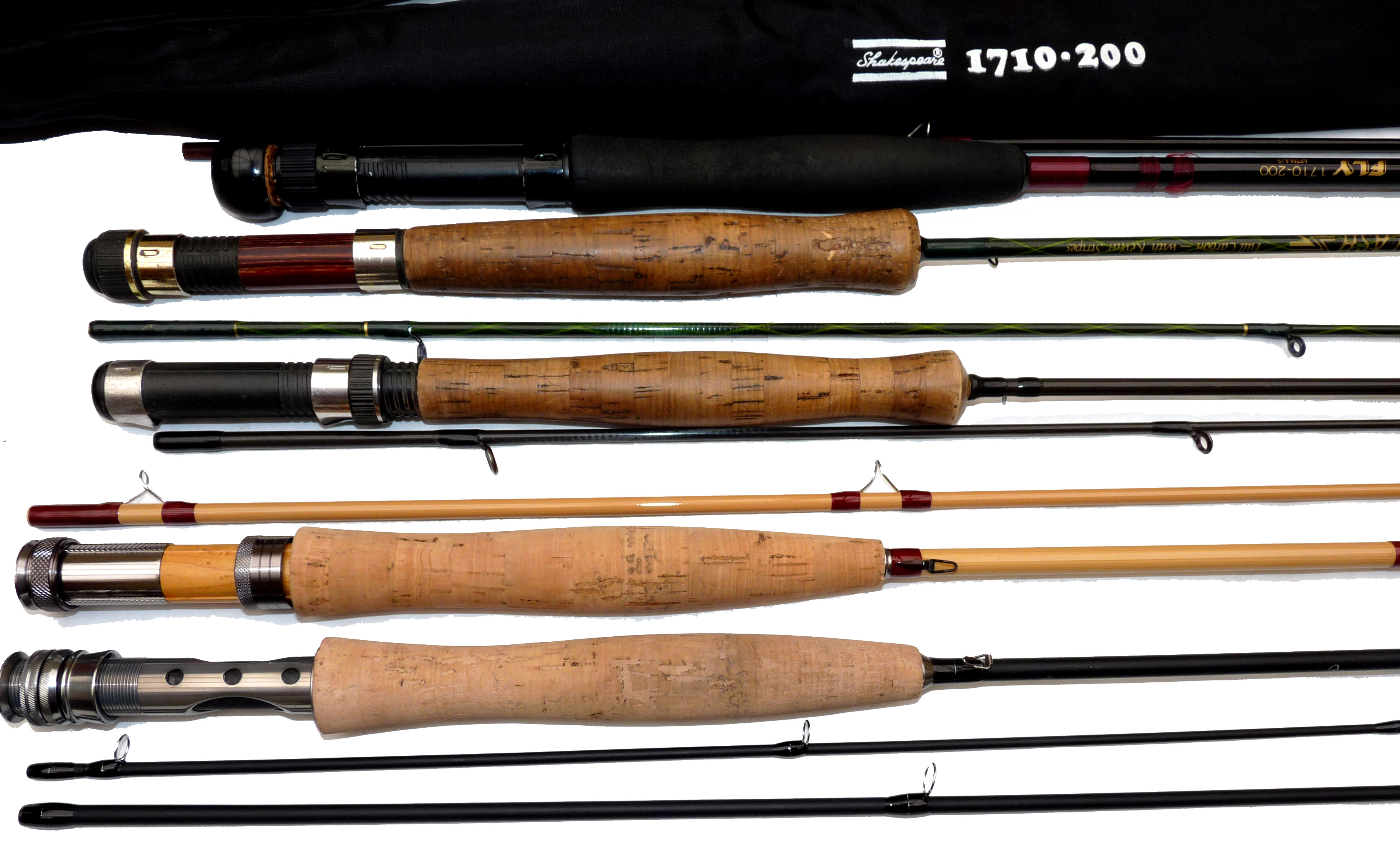 RODS (5): Five modern trout fly fishing rods, Shakespeare Purist Fly 9’ 2 pc in light cane finish,