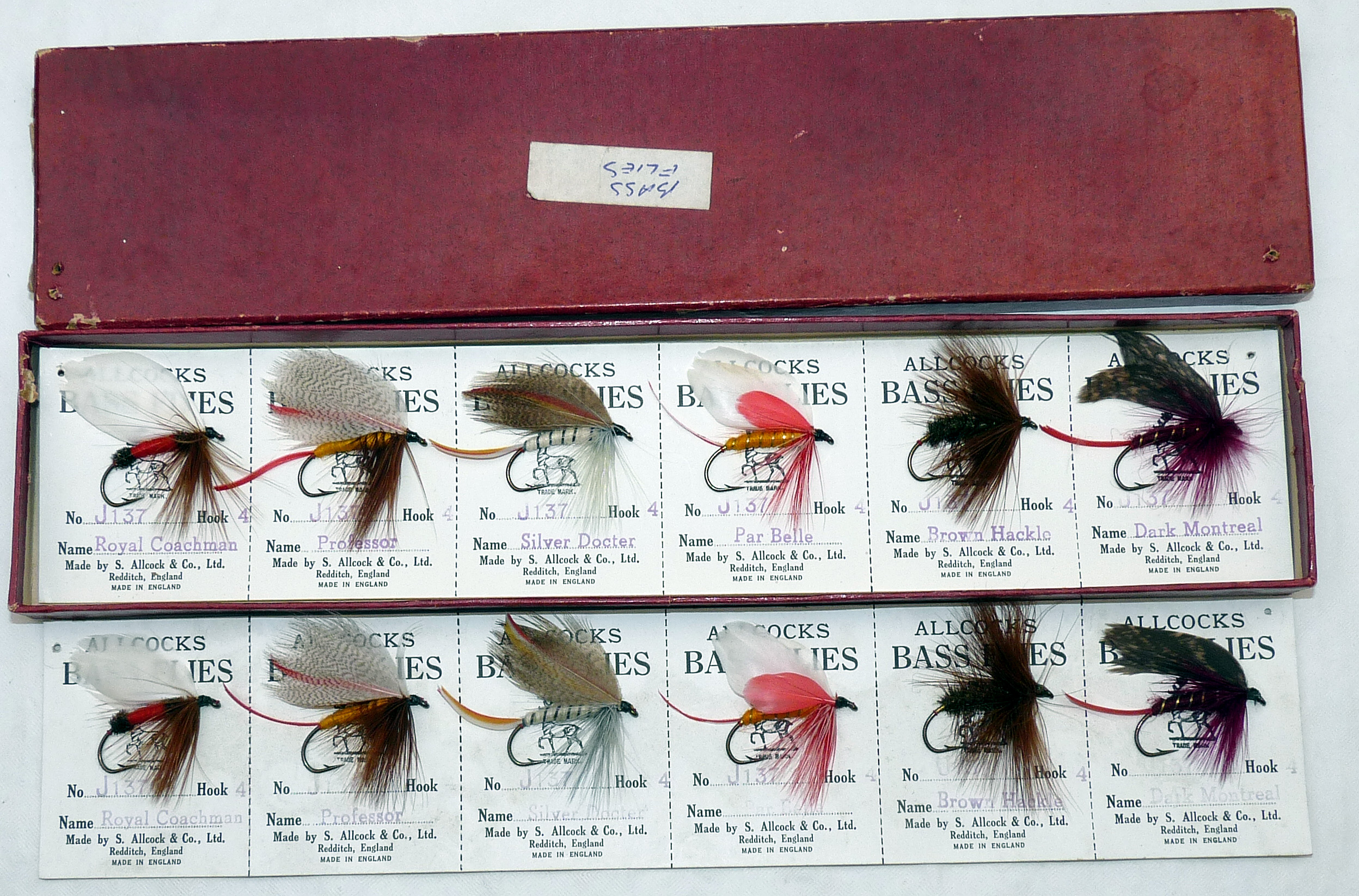 FLIES: Collection of 12 Allcock Bass flies all size 4, varied patterns, attached to two 6 strip