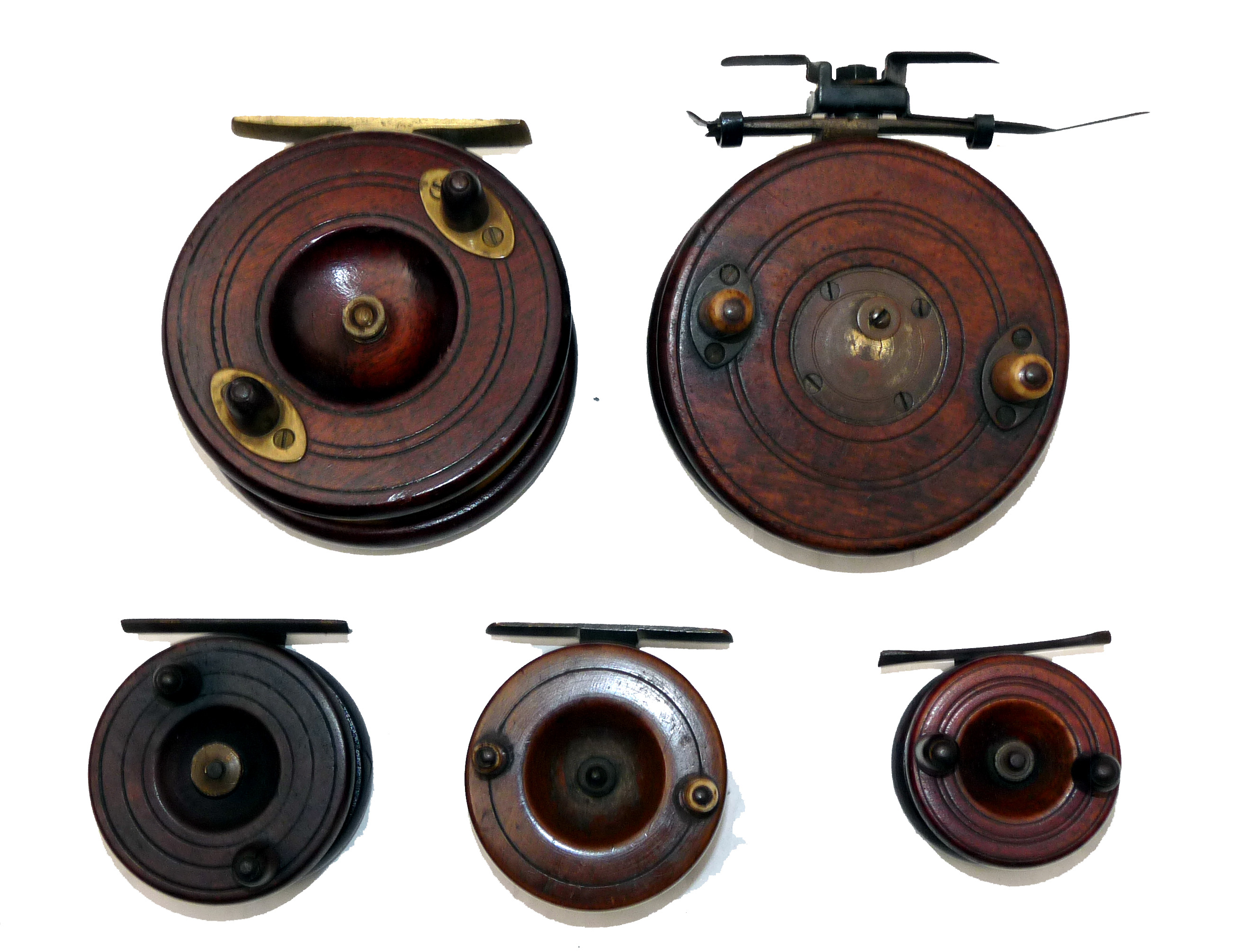 REELS (5): Collection of 5 Nottingham wood/brass reels comprising a 4” Slater pattern mahogany/brass