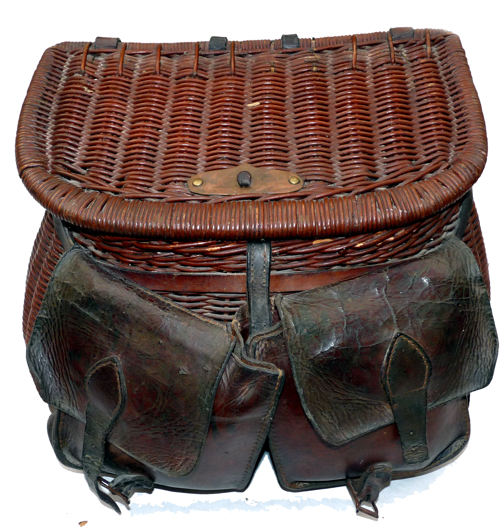 CREEL: Decorative stained willow fly fisher’s creel with leather pockets, creel measures approx. 16”