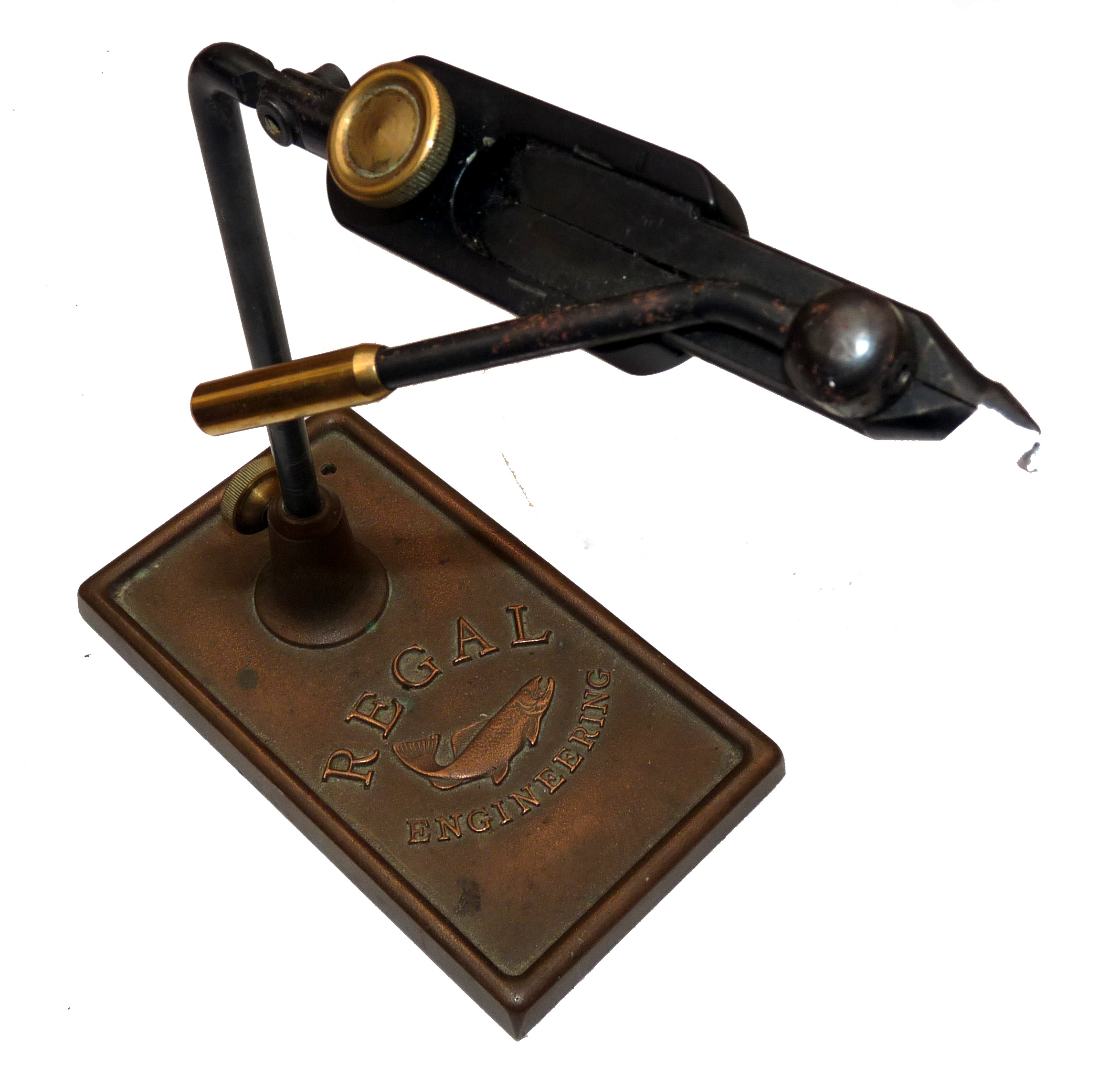 FLY VICE: Decorative fly tyer’s swivel head pro vice, standing 9” tall with lever lock jaws,