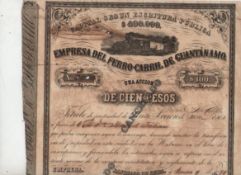 Cuban Railways two attractive printed share certificates dated 1859 and 1896 respectively both