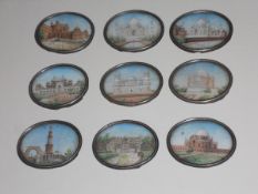 India A set of nine 19th c fine Indian Miniature Paintings each measure 4cm by 3cm inc Taj Mahal and