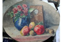 Attributed to Hitler Stilleben Still Life shows apples nuts flowers and a clock. Overall 43.5 x 34.