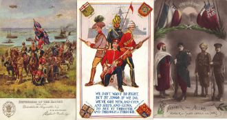 India WWI – Patriotic postcards of Sikhs of British Empire three vintage coloured art postcards of