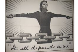 WWII – Poster – It all depends on me. Black and white illustration of a woman arms outstretched