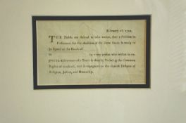Slavery printed ticket dated February 18th 1792 informing the public ‘...that a Petition to
