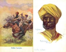India WWI – Sikh Cavalry in France – two vintage art postcards showing the Sikhs Lancers charging on