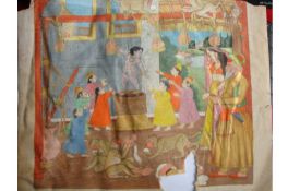Indian Miniature Painting c19th c showing a domestic scene with a central dancer receiving gifts two