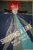 WWII – Poster – Shooting a Line May Shoot your Pals. Graphic showing a torpedo hitting an allied