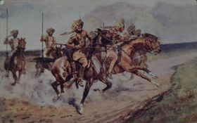 India WWI – Sikh Cavalry on the Charge in France vintage art postcard showing the Sikhs cavalry