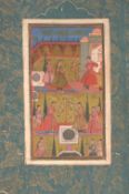 Indian Miniature painting on an manuscript leaf showing a palace scene with women in a garden^