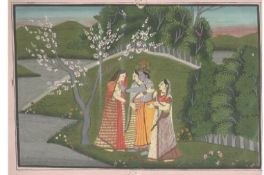 Indian painting showing a prince with three women in a garden scene^ two pin marks to top and