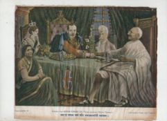 Gandhi printed illustration published by Shyam Sunder Lal^ showing Gandhi sitting at a table shaking