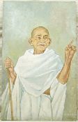 Gandhi Fine painting of Gandhi^ standing with his iconic stick^ c1940s measuring approx 61cm by 39