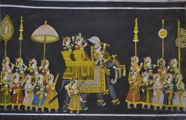 India – Mogulo Rajasthani large Indian miniature painting of a Royal procession on textile backed on