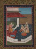 Indian painting showing a palace scene with a group of five women one carrying a musical instrument^