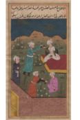 Indian Miniature painting on an manuscript leaf showing a group of five men in a walled garden^