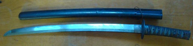 Samurai Sword: Signed Blade, Circular Tsuba, Cord Wrap, with Wooden Scabbard (Saya) 49cm Blade