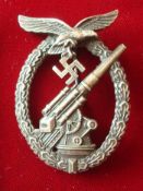 German Luftwaffe Flak Gunner`s Badge: Very fine quality Blued Silver finish with Makers mark Brehmer