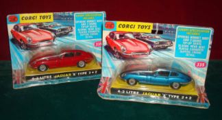 Corgi Toys 335 Jaguar E Type 4.2 Car: 2 variations Red and Blue Metallic both in un-opened