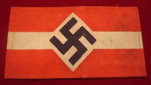 WW2 German Hitler Youth Armband: Nice printed example in Red and Black having the Swastika within