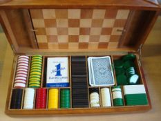 Card and Counter Games Box: Leather Covered wooden Box and a removable inlaid Chess / Draughts