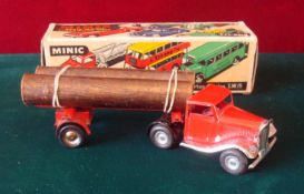 Triang Minic No.74M Mechanical Horse & Log Lorry: Red standard cab, plated wings and tinplate