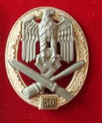 German General Assault Badge: Plated Zinc with White Metal 58mm High with Makers mark JFS Josef Feix