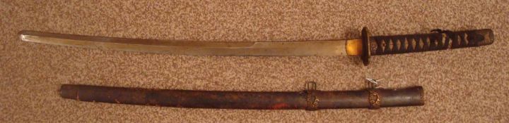 Samurai Sword: Signed Blade, Rectangle Tsuba, Cord Wrap, with Wooden Scabbard (Saya) 73cm Blade