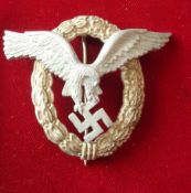 German Luftwaffe Pilot Observer`s Badge: Aluminium and Brass Alloy 53mm High with Makers mark SOG in