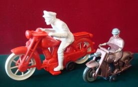 2 Mettoy Plastic Motorcycles: Copper and Silver Tommy soldier on a motorcycle having a machine gun