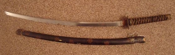 Samurai Sword: Signed Blade, Rectangle Tsuba, Cord Wrap, with Wooden Scabbard (Saya) 73cm Blade