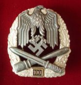 German General Assault Badge: Plated Zinc with White Metal, Eagle with Crossed Hand grenade and