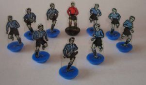 Newfooty Celluloid Team: Blue Shirts with White Stripes and Black Shorts with Red Goalkeeper and