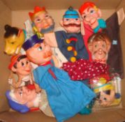 Box of Various 1960s Hand Puppets: All having Plastic heads and cloth bodies 9 in total