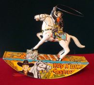 " Hop A `Long Cassidy." 25x11.25x10" tall. 1950s. Lithographed Tin Rocking Toy: with Illustrated