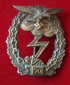 German Luftwaffe Ground Combat Badge: Silver with Flat Pin 56mm having Number 50 mounted to bottom