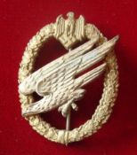 German Army Parachutist`s Badge: Bi Metal example with thin pin and no makers markings Lots 421 to