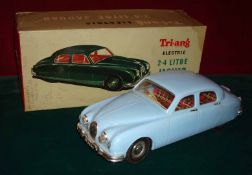 Triang 1/20th scale electric 2.4 Jaguar: Battery powered model is Light Blue, with tartan tinplate