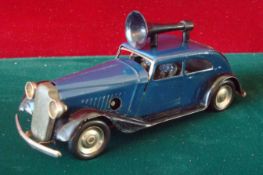 Triang Minic Riley Police Car: Metal body, 2 lead figures, twin black plastic loudspeakers, tinplate