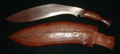 WW2 Kukri Knife: Original Brown wooden Grip / Handle with Sharp Blade housed in a Brown leather