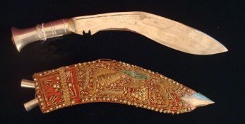 Early Decorated Kukri Knife: White Metal Grip / Handle with Engraved Blade housed in a Velvet