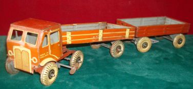 Mettoy Articulated Open Lorry and Trailer: brown cab, chassis and trailer, balloon tyres,