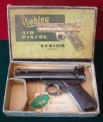 Webley & Scott Air Pistol: Senior Model still having bluing and original label, with Brown Chequered