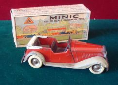 Triang Minic pre-war Tourer No.8M: Orangey red, with cream hood, plated wings and hubs, cracked