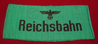 WW2 German National Railroad Armband: Black Bevo Weave on Green Silk, Reichsbahn with German Eagle