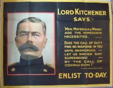 WW1 Original `Lord Kitchener Says:- Enlist To-day`, 1915. Recruiting Poster: Portrait of Lord